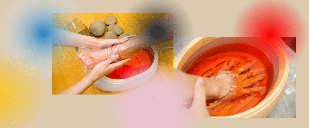 11 Abi parafiini hoolduse lehe päisepilt kus on kujutatud käsi ja jalg parafiini vannis